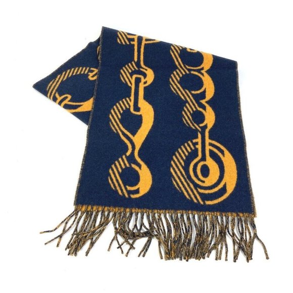 HERMES dress buckle fringe Scarf Cashmere Navy/yellow Unused - Picture 1 of 7